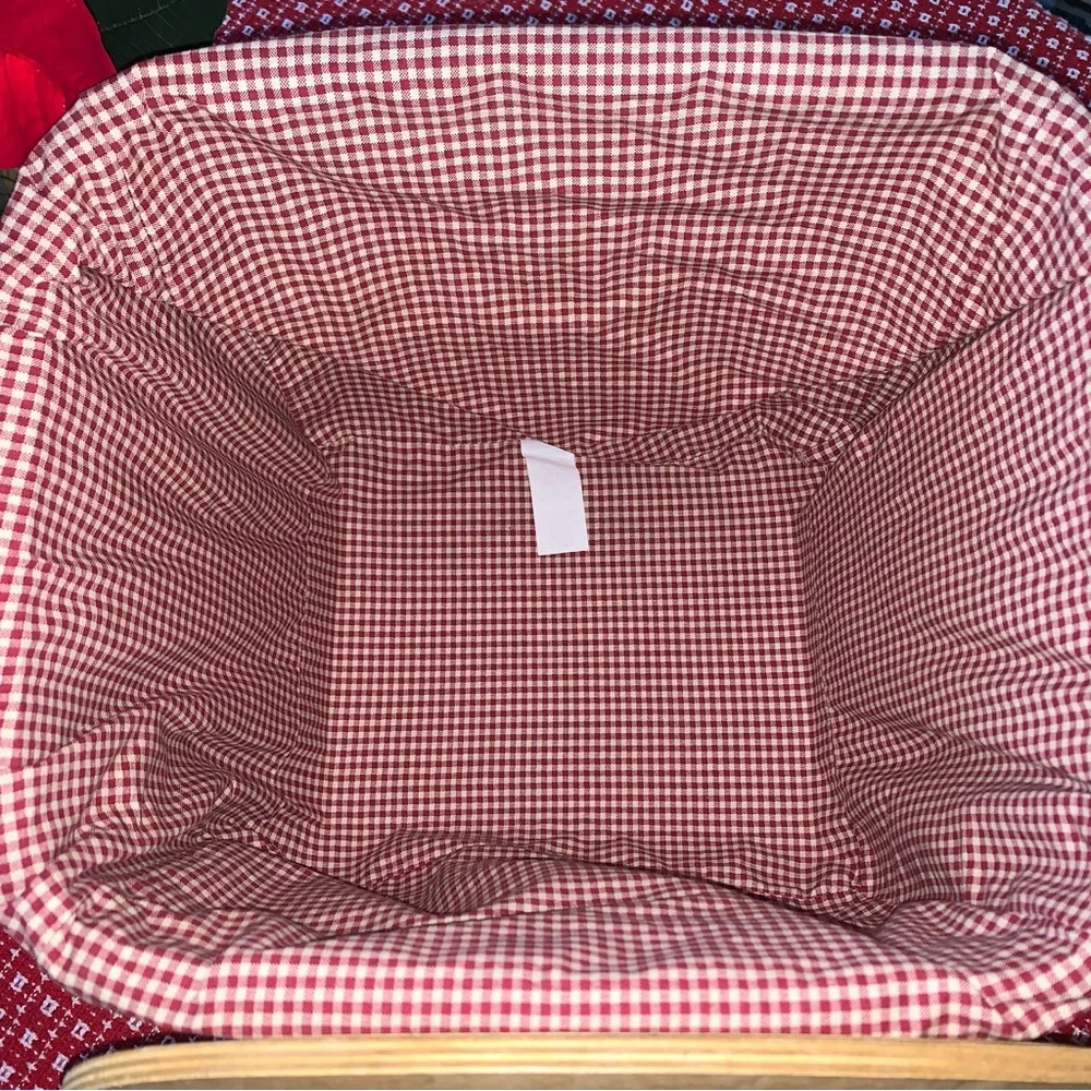 Peterboro Basket Co. NH Heart Knob Wood Covered Basket Gingham Denim Cloth